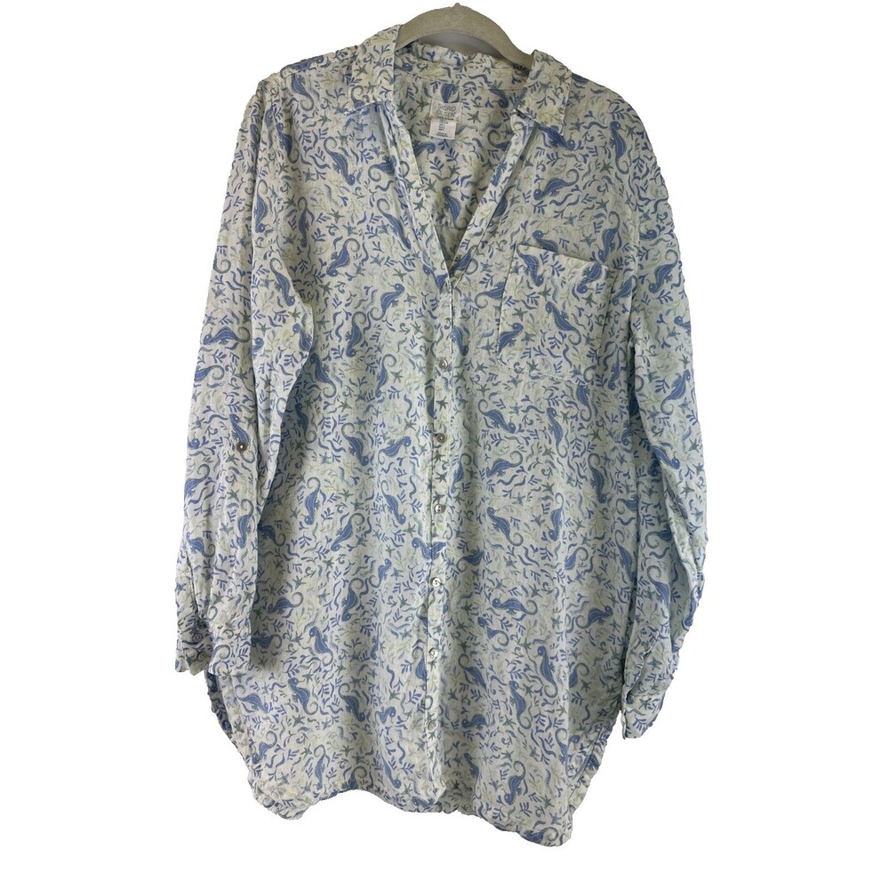 Sigrid Olsen Linen Tunic Shirt Button Down White Blue Seahorse Roll Tab Sleeves - Picture 1 of 11